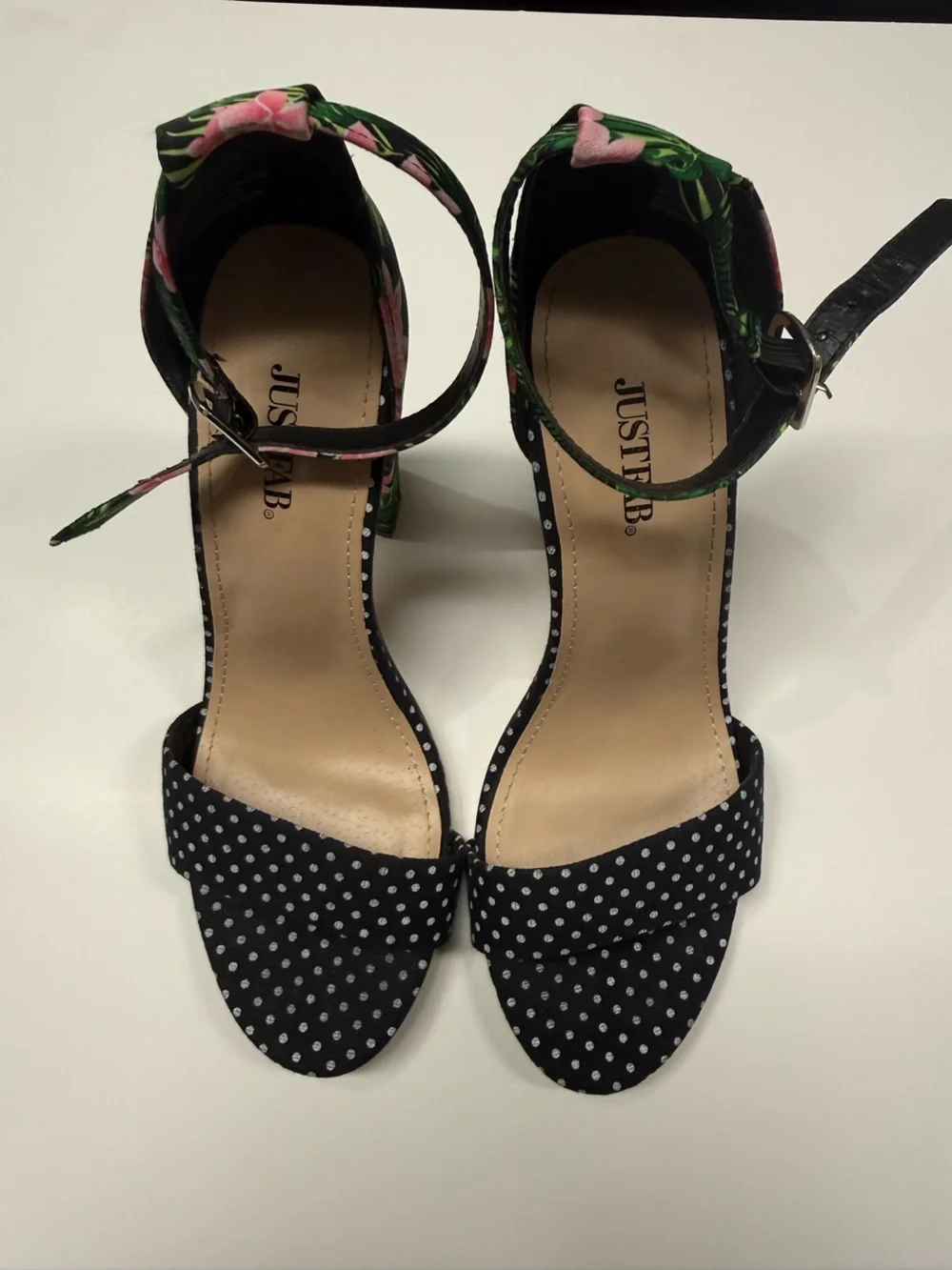 Lena Black Polka Dot & Floral Ankle Strap Heels